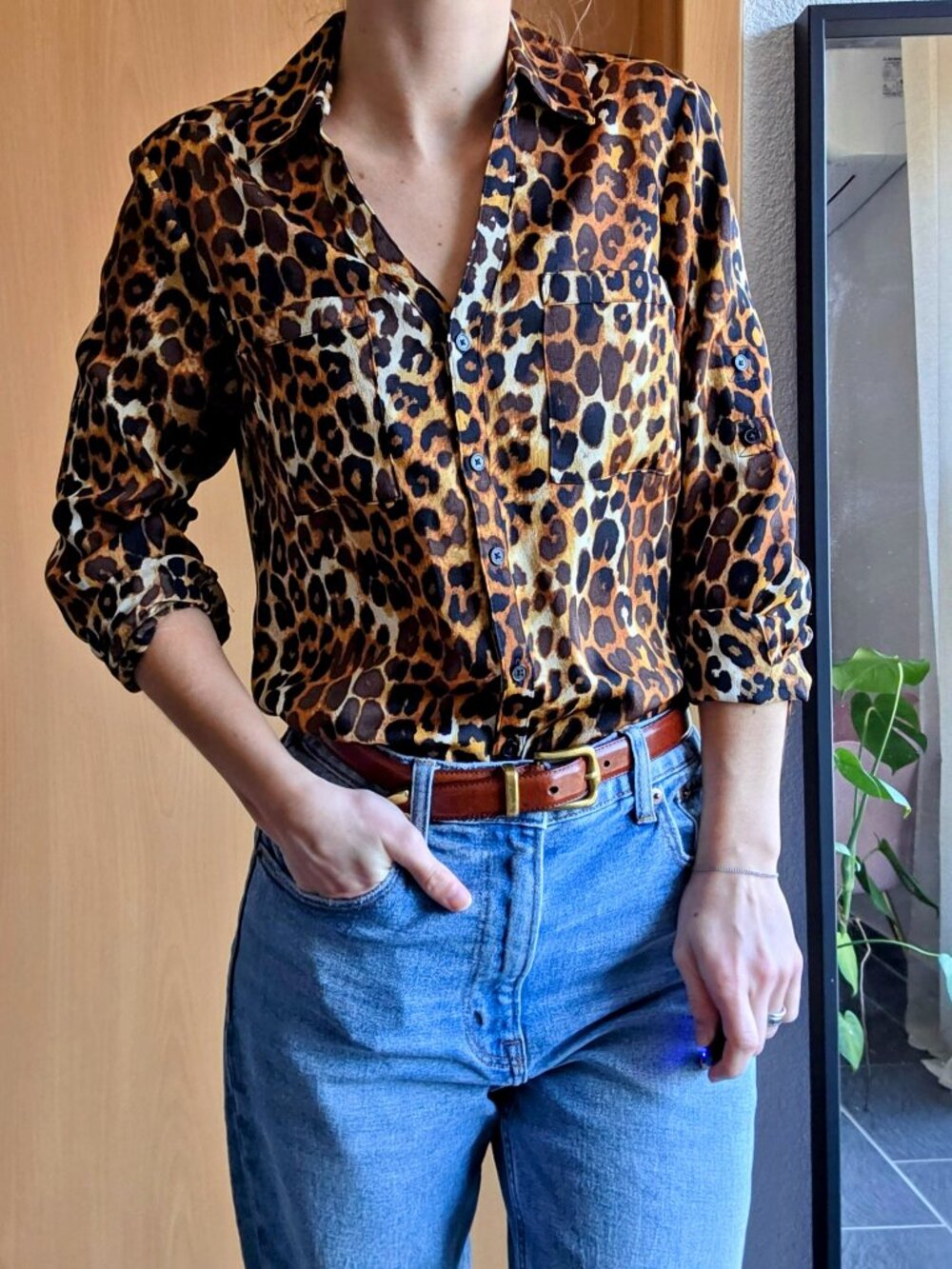 Express The Portofino Shirt Slim Fit Button Down Long Sleeve Top Cheetah Size XS - Picture 2 of 16